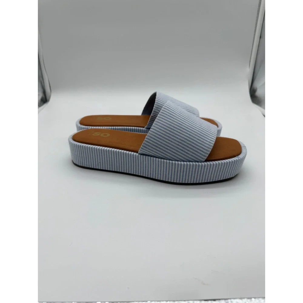 SO Womens Blue White Striped Platform Slide Sandals‎ Slip On 9 New